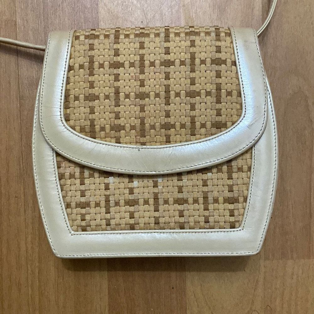 Vintage Theodora Cream Leather and Tan Canvas Accent Crossbody Bag Made in USA